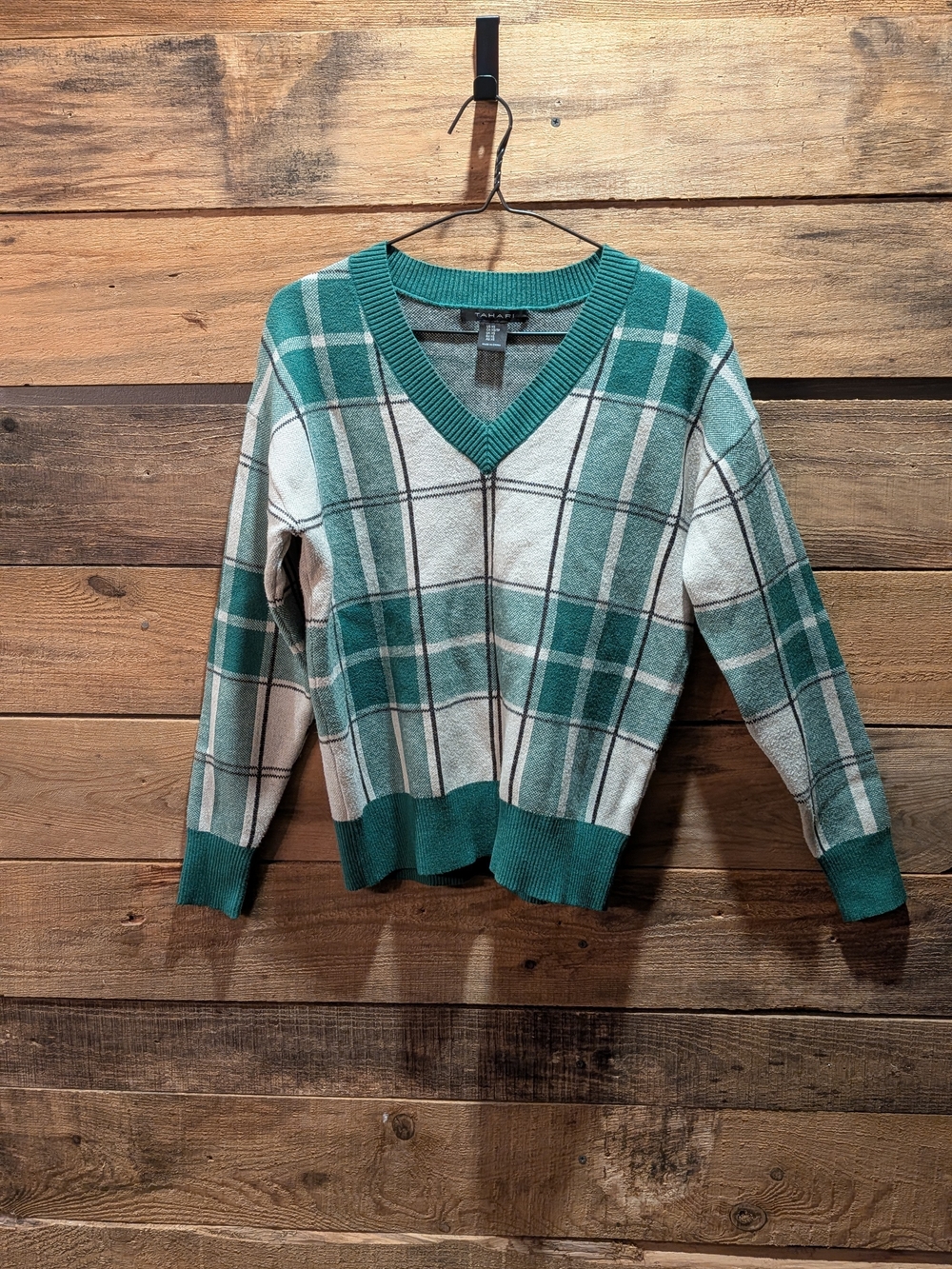 Tahari Teal and Cream Plaid V-Neck Sweater